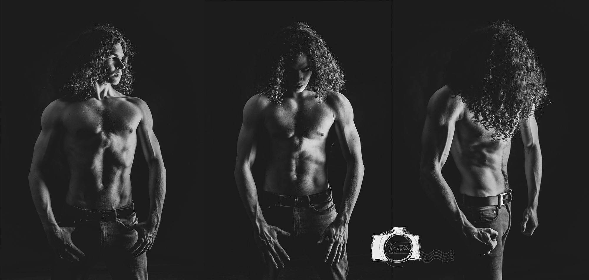 Mužský portrét černobíle — triptych